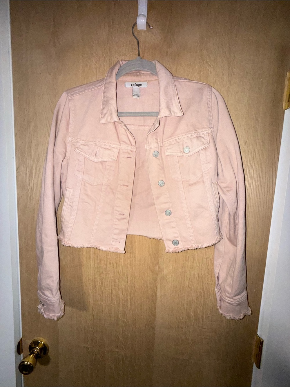 Refuge Women's Cropped Pink Denim Jacket small
